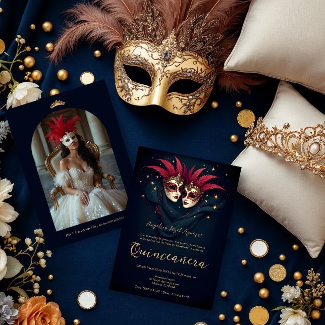 Luxurious Glam Venetian Mask Quinceañera Party Einladung (Luxurious Glam Two ornate Venetian masks with gold and feather accents set against a dark background)
