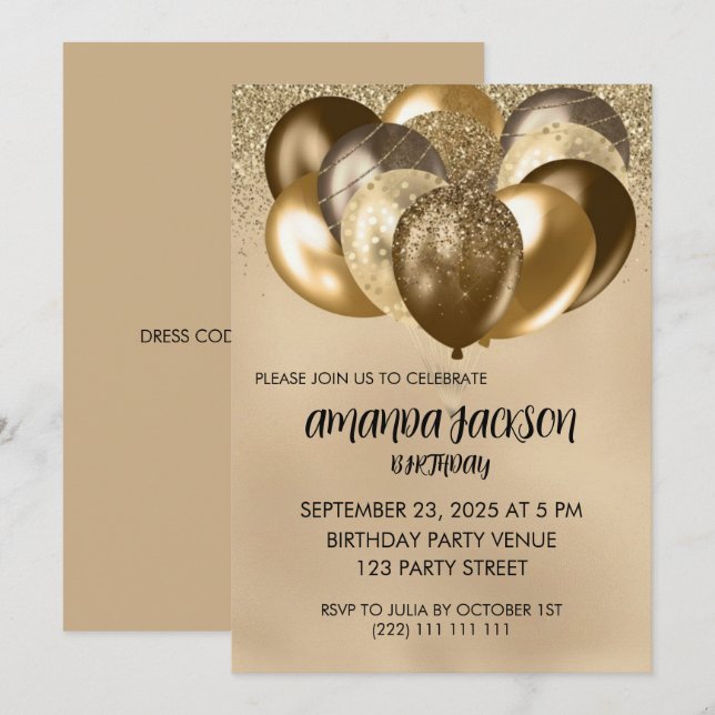 Luxurious Gold Balloons General Birthday Invite Einladung (Vorne/Hinten)