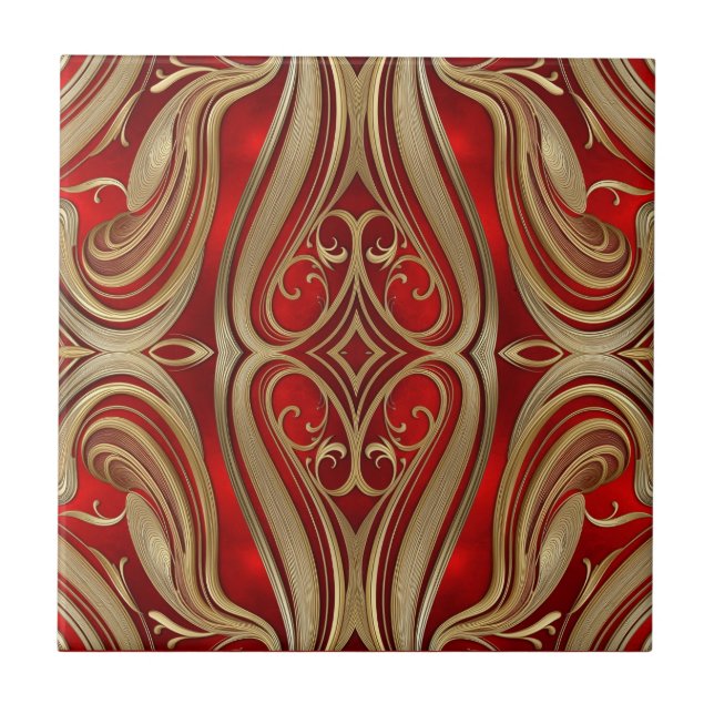 Luxurious Gold Diamond Motif on Red Pattern Fliese (Vorderseite)