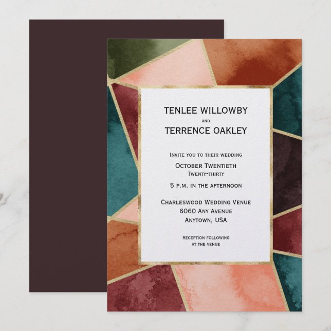 Luxurious Gold Geometric Purple Rust Teal Wedding Einladung (Vorne/Hinten)