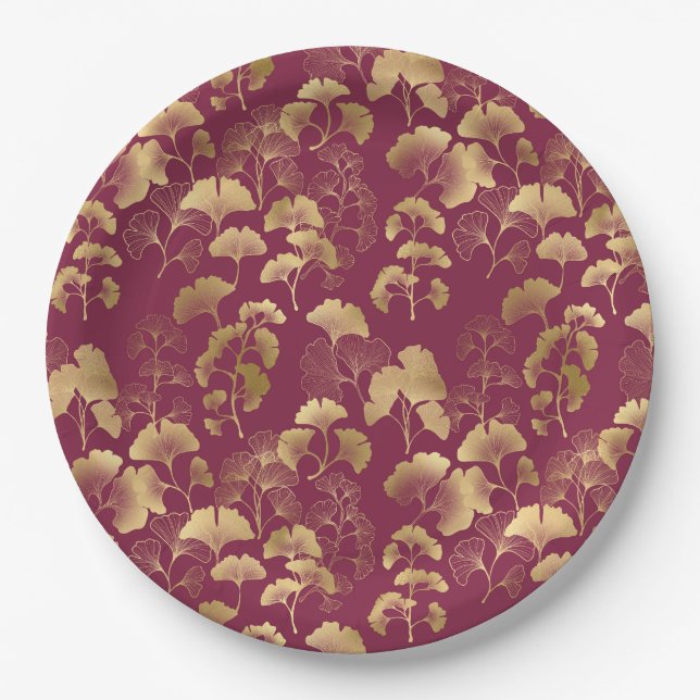 Luxurious Gold Ginkgo Leaves on Deep Burgundy (3) Pappteller (Vorderseite)