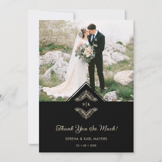 Luxurious Gold Ornamental Flourish Photo in Black Dankeskarte (Vorderseite)