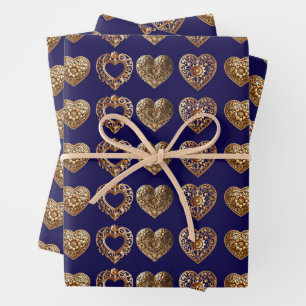 Luxurious Golden Baroque Hearts Pattern on Navy Bl Geschenkpapier Set