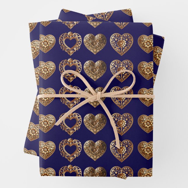 Luxurious Golden Baroque Hearts Pattern on Navy Bl Geschenkpapier Set (Beispiel)