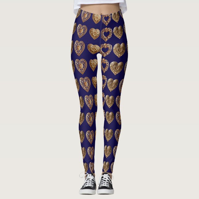 Luxurious Golden Baroque Hearts Pattern on Navy Bl Leggings (Vorderseite)