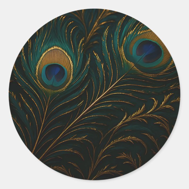 Luxurious Peacock Feathers Golden Teal Pattern Runder Aufkleber (Vorderseite)