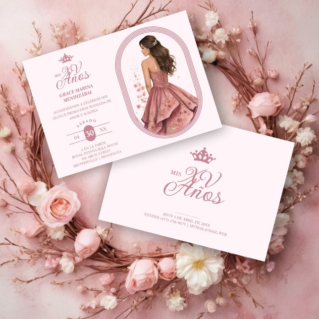 Luxurious Pink Oval Frame Charming Quinceañera Einladung (Spanish Luxurious Pink Oval Frame Charming Quinceañera Doll Illustration in Pink Shades Invitation.)
