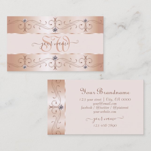 Luxurious Rose Gold Ornate Borders Jewels Monogram Visitenkarte (Vorne/Hinten)