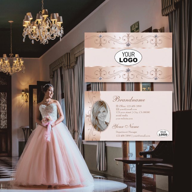 Luxurious Rose Gold Ornate Borders Logo and Photo Visitenkarte (Von Creator hochgeladen)