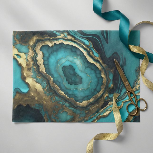 Luxurious Teal Blue Agate Geode Gold Marble Seidenpapier (Von Creator hochgeladen)
