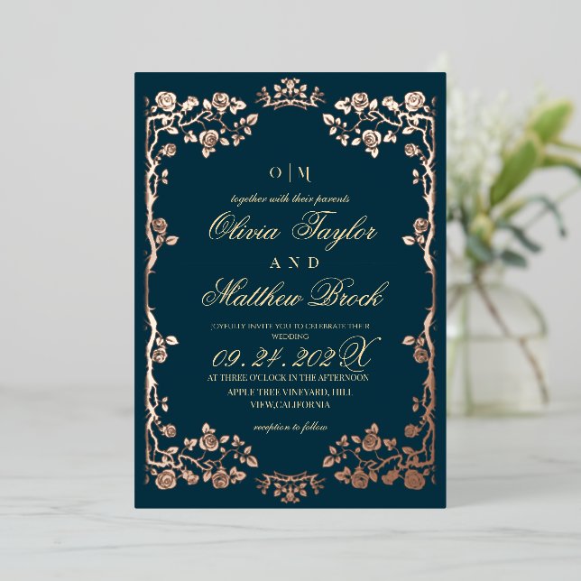Luxurious Teal Gold Foil Floral Wedding Folieneinladung (Stehend vorne)