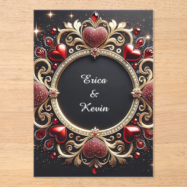Luxurious Wedding Gold Frame With Red Hearts Acryleinladungen (Vorderseite)