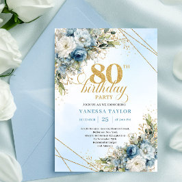 Luxury 80th Birthday Invite Boho Dusty Blue Gold Einladung