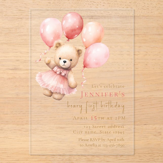 Luxury Acrylic Beary First Birthday Invitation  Acryleinladungen (Vorderseite)