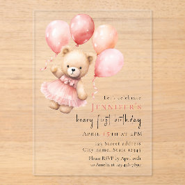 Luxury Acrylic Teddy Bear Girl 1st Birthday Acryleinladungen