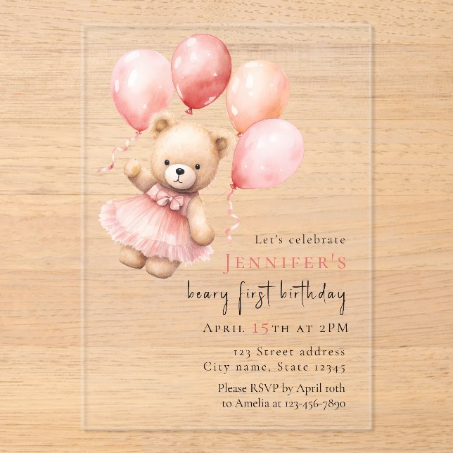 Luxury Acrylic Teddy Bear Girl 1st Birthday Acryleinladungen (Vorderseite)