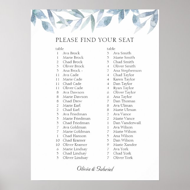 Luxury Airy Branch. Elegante Hochzeitsstichtabelle Poster (Vorne)