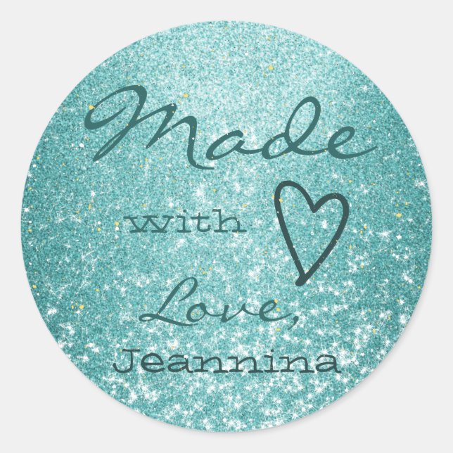 Luxury Aqua Blue Glitzer Made with Liebe Heart Nie Runder Aufkleber (Vorderseite)