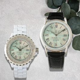 Luxury Aqua Marbled Men's Black Leather Strap Armbanduhr