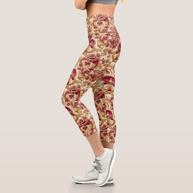 Luxury Baroque Floral Gold and Burgundy Capri Leggings (Links)
