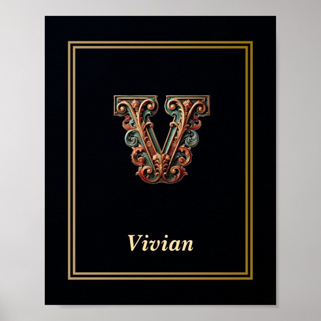 Luxury Baroque Letter V Monogram Poster  (Vorne)