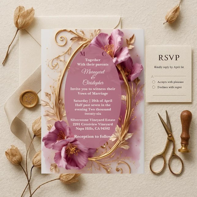 Luxury Baroque Opulent Mulberry Tulip Gold Wedding Einladung (Luxury Baroque Opulent Mulberry Tulip Gold Wedding Invitation)