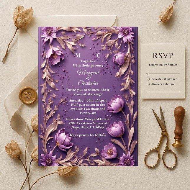 Luxury Baroque Opulent Purple Tulips Gold Wedding  Einladung (Luxury Baroque Opulent Purple Tulips Gold Wedding Invitation)
