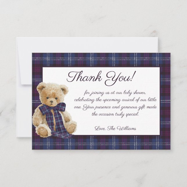 Luxury Bear Plaid Bow Baby Shower  Dankeskarte (Vorderseite)