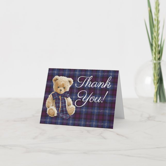 Luxury Bear Plaid Bow Baby Shower  Dankeskarte (Vorderseite)