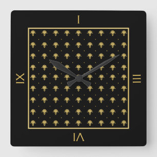 Luxury Black and Gold Damask Pattern With Numbers Quadratische Wanduhr