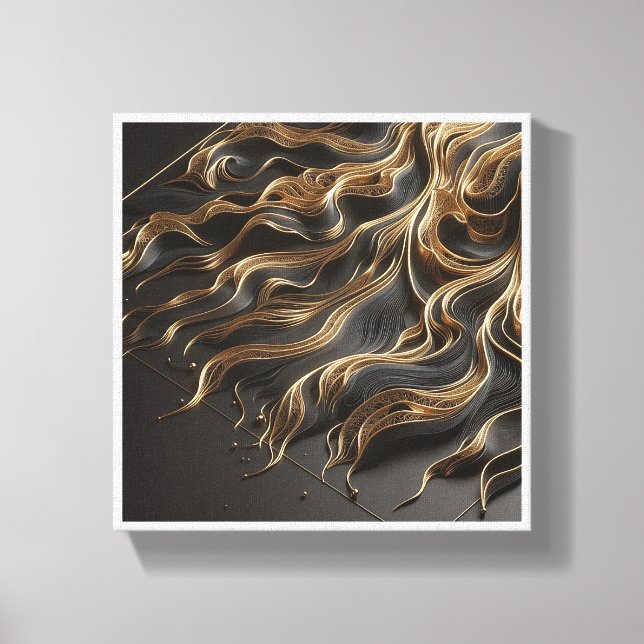 Luxury Black and Gold Filigree Waves - Elegant 3D  Leinwanddruck (Vorderseite)