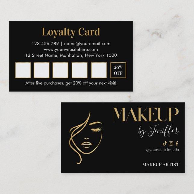 Luxury black and gold makeup artist Loyalty Card Treuekarte (Vorne/Hinten)