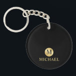 Luxury Black and Gold Personalized Monogram Schlüsselanhänger<br><div class="desc">Luxury White and Gold Design featuring black monogram in gold circle element with name in gold professional font style on black background. Perfect as father's day gifts for dad, gifts for grandfather, husband, groomsman and more. Please Note : The foil details are simulated in the artwork. No actual foil will...</div>