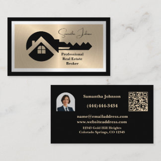 Luxury Black and Gold QR Code Photo Real Estate  Visitenkarte