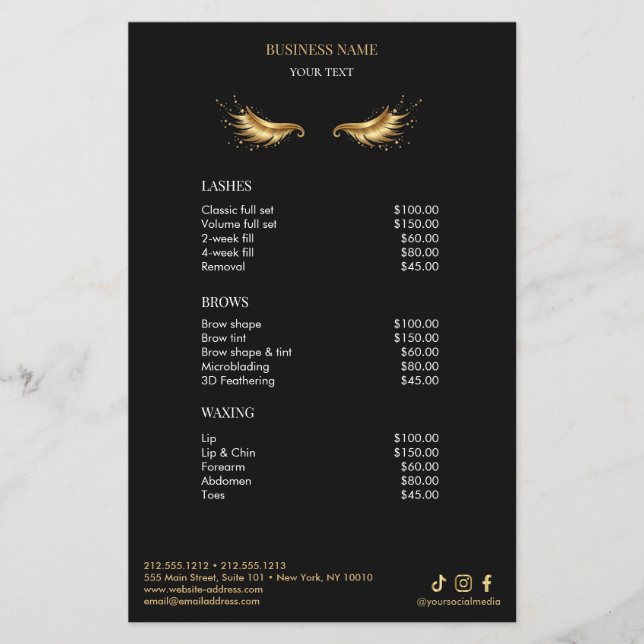 Luxury Black and Gold Salon Price List Menu Flyer (Vorne)