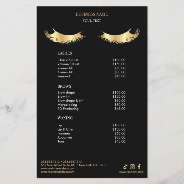 Luxury Black and Gold Salon Price List Menu Flyer (Vorne)