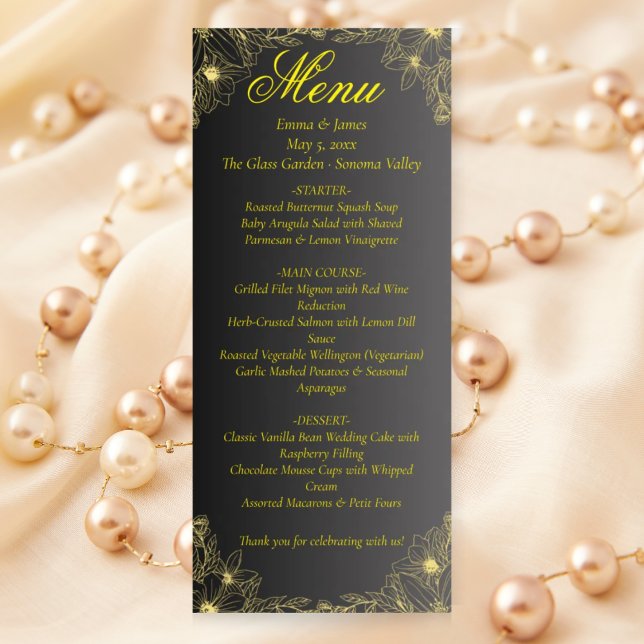 Luxury Black and Gold Wedding Menu Card Menükarte (Von Creator hochgeladen)