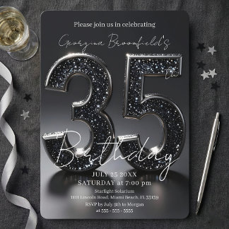 Luxury Black Glitter Silver Sparkle 35th Birthday Einladung