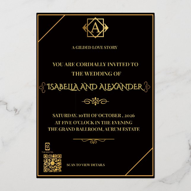 Luxury Black & Gold AR Wedding Suite - Interactive Folieneinladung (Vorderseite)