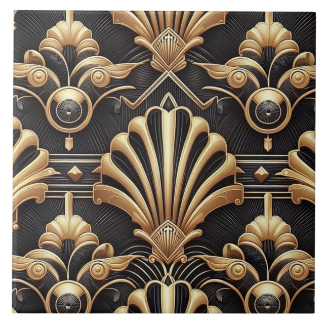 Luxury Black & Gold Art Deco Ceramic Tile  Fliese (Vorderseite)