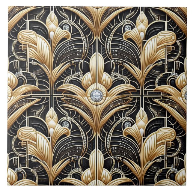 Luxury Black & Gold Art Deco Ceramic Tile  Fliese (Vorderseite)