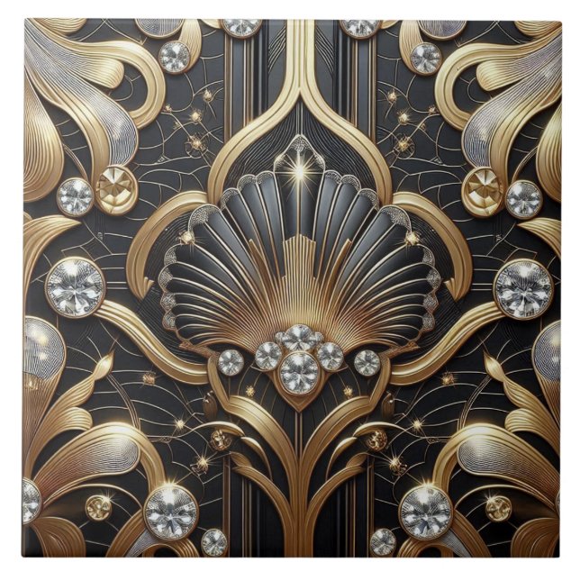 Luxury Black & Gold Art Deco Ceramic Tile  Fliese (Vorderseite)