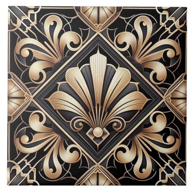 Luxury Black & Gold Art Deco Ceramic Tile  Fliese (Vorderseite)