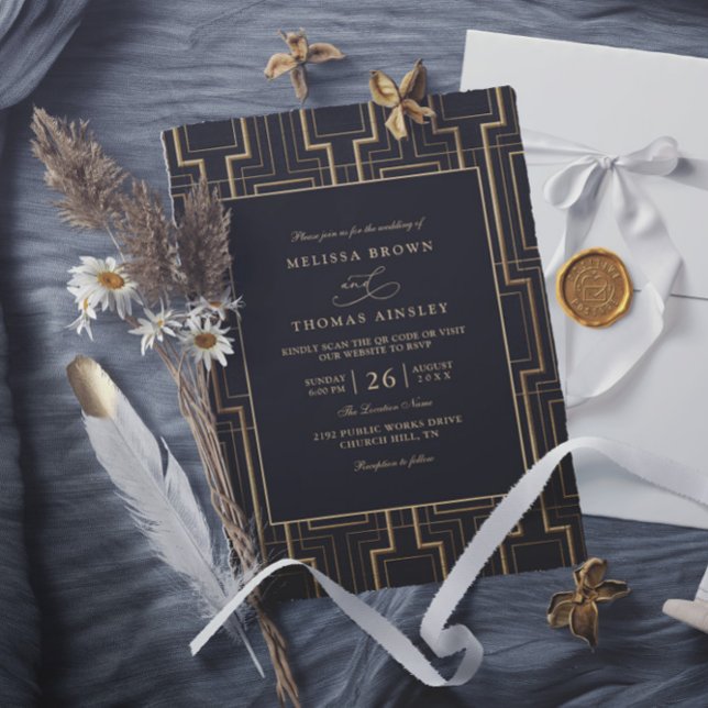 Luxury Black & Gold Art Deco QR Code Wedding Einladung (Von Creator hochgeladen)