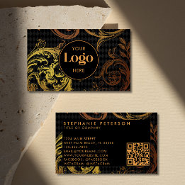 Luxury Black & Gold Baroque Custom Logo QR Code Visitenkarte
