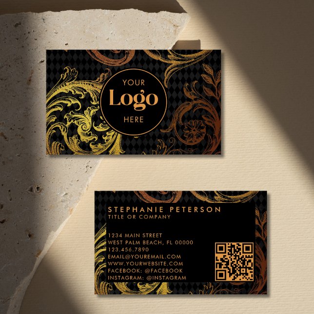 Luxury Black & Gold Baroque Custom Logo QR Code Visitenkarte (Von Creator hochgeladen)