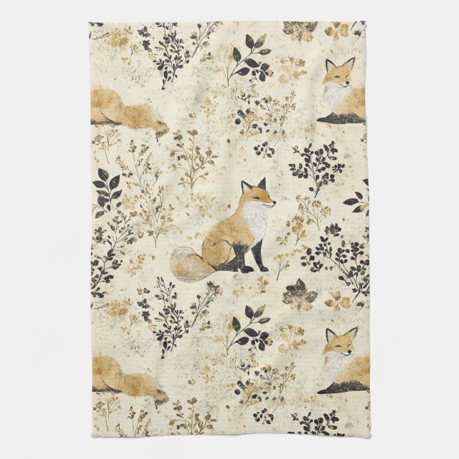 Luxury Black & Gold Botanical Fox Art (2) Geschirrtuch (Vertikal)