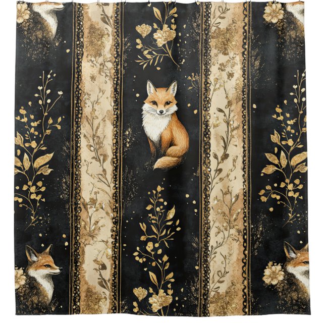 Luxury Black & Gold Botanical Fox Pattern (1) Duschvorhang (Vorderseite)