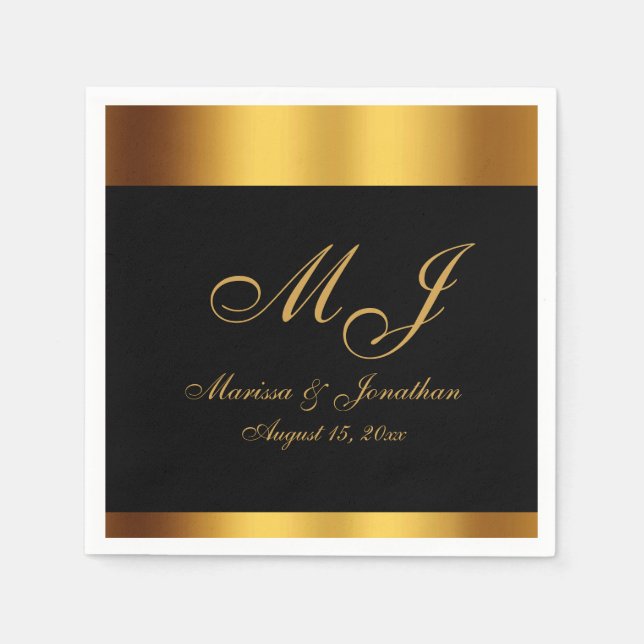 Luxury Black Gold Calligraphy Monogram Wedding Serviette (Vorderseite)