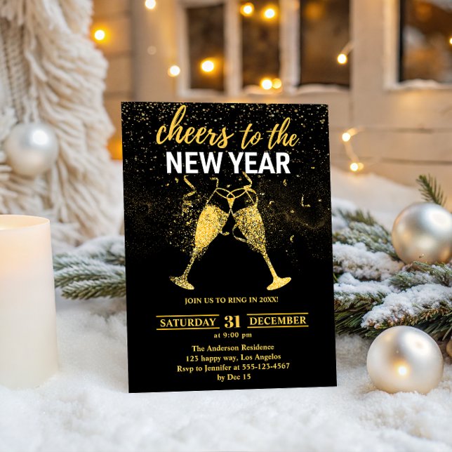 Luxury Black & Gold Glitter New Year’s Eve Party   Einladung (Von Creator hochgeladen)